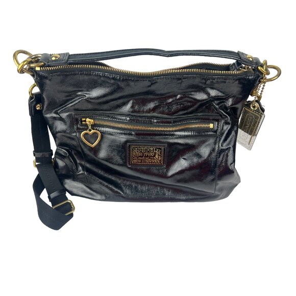 Coach Daisy Patent Leather Gloss Shoulder Bag Black Gold Zip Pendant - Picture 3 of 15